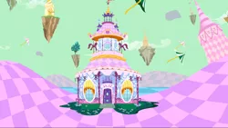 Size: 1440x810 | Tagged: carousel boutique, chaos, derpibooru import, discorded landscape, floating island, green sky, no pony, safe, screencap, the return of harmony, umbrella