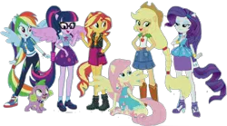 Size: 1694x939 | Tagged: safe, derpibooru import, editor:superbobiann, applejack, fluttershy, rainbow dash, rarity, sci-twi, spike, spike the regular dog, sunset shimmer, twilight sparkle, dog, equestria girls, equestria girls series, converse, ponied up, scitwilicorn, shoes, simple background, sneakers, theme song, transparent background