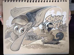 Size: 1024x768 | Tagged: safe, artist:andypriceart, derpibooru import, rainbow dash, scootaloo, pegasus, pony, andy you magnificent bastard, duo, female, filly, flying, grayscale, helmet, implied sweetie belle, mare, monochrome, scooter, smiling, traditional art