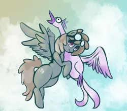 Size: 1984x1736 | Tagged: safe, artist:colochenni, derpibooru import, dust devil, bird, pegasus, pony, background pony, drawthread, female, flying, goggles, hug, mare, request, sky