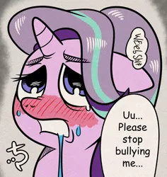 Size: 800x849 | Tagged: artist needed, suggestive, derpibooru import, starlight glimmer, ponified, pony, blushing, bully, bullying, bust, crying, description is relevant, dialogue, drawthread, drool, female, japanese, mare, open mouth, request, solo, speech bubble, teary eyes, vulgar