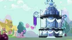 Size: 1280x720 | Tagged: safe, derpibooru import, screencap, berry punch, berryshine, twilight sparkle, twilight sparkle (alicorn), alicorn, earth pony, pony, inspiration manifestation, crystal, female, flying, magic, male, mare, ponyville town hall, stallion, telekinesis, transformed