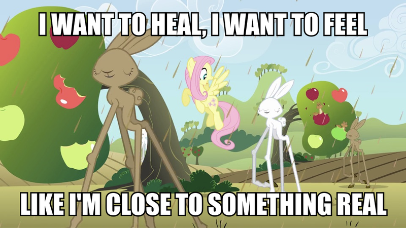 Size: 960x540 | Tagged: safe, derpibooru import, edit, edited screencap, screencap, fluttershy, girabbit, pegasus, pony, rabbit, squirrel, the return of harmony, animal, apple, apple tree, chaos, chocolate, chocolate rain, female, food, giant apple, image macro, linkin park, mare, meme, rain, somewhere i belong, song reference, sweet apple acres, tree