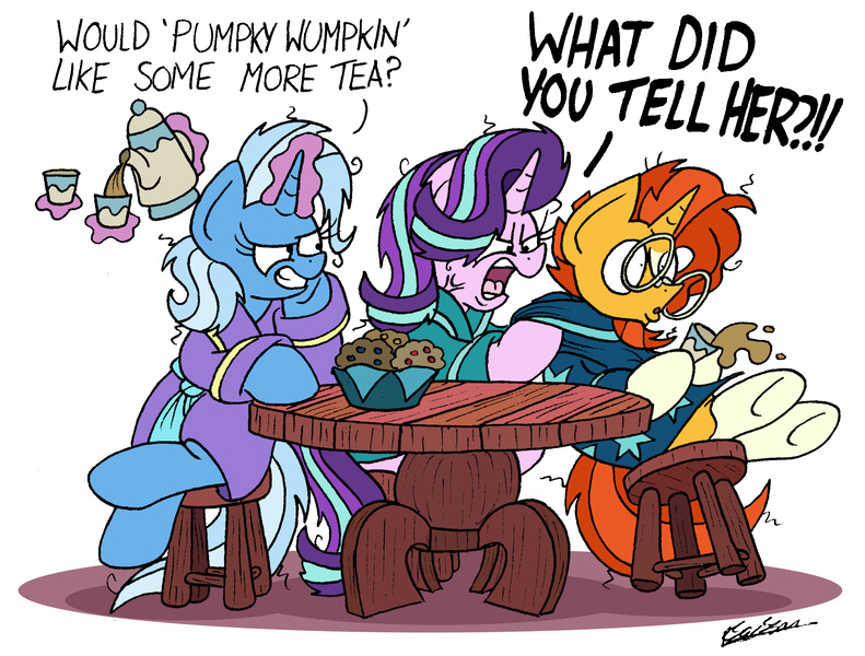 Size: 2284x1733 | Tagged: safe, artist:bobthedalek, derpibooru import, starlight glimmer, sunburst, trixie, pony, unicorn, the parent map, angry, bathrobe, bed mane, clothes, cross-popping veins, cup, evil grin, female, food, grin, implied firelight, inconvenient trixie, magic, mare, morning ponies, muffin, ragelight glimmer, robe, simple background, smiling, table, tea, teacup, teapot, teasing, telekinesis, this will end in pain, trio, vein bulge, white background