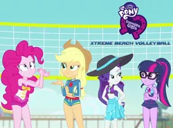 Size: 1200x886 | Tagged: safe, derpibooru import, edit, screencap, applejack, pinkie pie, rarity, sci-twi, twilight sparkle, equestria girls, equestria girls series, forgotten friendship, clothes, dead or alive, equestria girls logo, hat, midriff, shorts, sun hat, swimsuit, volleyball net, wetsuit