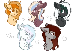 Size: 3000x2048 | Tagged: safe, artist:cinnamontee, derpibooru import, oc, oc:blanche, oc:butterscotch, oc:clarissa, oc:raspberry ink, oc:winter lullaby, unofficial characters only, earth pony, pegasus, pony, unicorn, bust, female, heart, high res, mare, portrait, simple background, transparent background