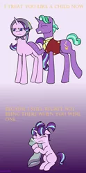 Size: 1270x2560 | Tagged: safe, artist:hayley566, derpibooru import, firelight, starlight glimmer, pony, unicorn, the parent map, father and daughter, feels, female, filly, filly starlight glimmer, gradient background, headscarf, male, mare, purple background, regret, scarf, simple background, stallion, younger