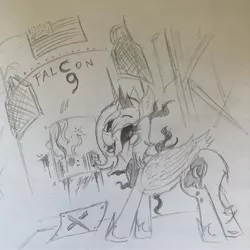 Size: 3024x3024 | Tagged: artist needed, safe, artist:anonymous, derpibooru import, princess luna, alicorn, pony, loony luna, black sclera, falcon 9, fangs, game boy, monochrome, rocket, s1 luna, sabotage, smiling, solo, spacex, traditional art, wires