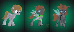 Size: 4000x1753 | Tagged: safe, artist:lakword, derpibooru import, oc, oc:inkbolt, oc:scribbles, changeling, pegasus, pony, disguise, disguised changeling, grin, happy, smiling, standing, transformation