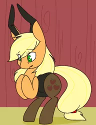 Size: 480x625 | Tagged: artist needed, source needed, suggestive, derpibooru import, edit, applejack, earth pony, pony, bunny ears, bunny suit, clothes, embarrassed, female, freckles, leotard, mare, pantyhose, scrunchy face, solo, solo female