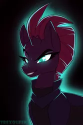 Size: 850x1280 | Tagged: safe, artist:trexqueen, derpibooru import, tempest shadow, unicorn, my little pony: the movie, broken horn, evil, evil grin, eye scar, female, glow, glowing eyes, grin, scar, smiling