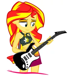 Size: 1000x1101 | Tagged: safe, artist:uliks-uliks, derpibooru import, sunset shimmer, equestria girls, equestria girls series, forgotten friendship, clothes, electric guitar, female, guitar, simple background, solo, swimsuit, white background