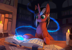 Size: 800x553 | Tagged: safe, artist:rodrigues404, derpibooru import, oc, oc:phantom, unofficial characters only, pony, unicorn, animated, book, candle, cinemagraph, commission, gif, magic, magical artifact, solo