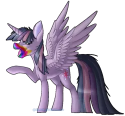 Size: 755x702 | Tagged: safe, artist:sketchykohaidraws, derpibooru import, twilight sparkle, twilight sparkle (alicorn), alicorn, pony, cookie zombie, cutie mark, female, mare, open mouth, raised hoof, redraw, simple background, solo, spread wings, transparent background, wings