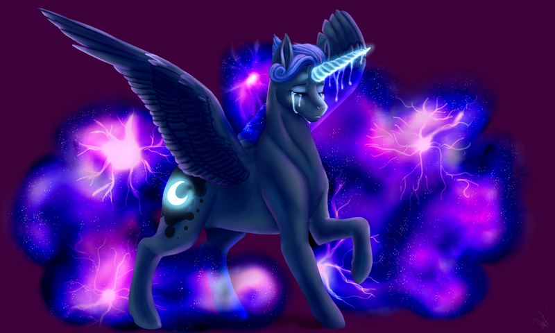 Size: 1600x960 | Tagged: safe, artist:albinnada, derpibooru import, princess luna, alicorn, pony, alternate hairstyle, crying, ethereal mane, eyes closed, female, galaxy mane, glowing cutie mark, glowing horn, mare, raised hoof, simple background, solo, spread wings, starry mane, wings