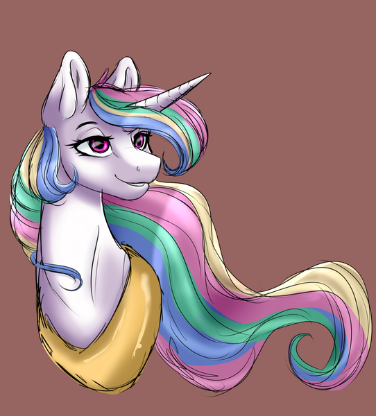 Size: 1024x1133 | Tagged: safe, artist:albinnada, derpibooru import, princess celestia, pony, alternate hair color, bust, female, lidded eyes, mare, missing accessory, peytral, redraw, smiling, solo