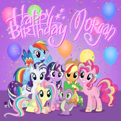 Size: 1590x1590 | Tagged: safe, artist:mosuga, derpibooru import, applejack, fluttershy, pinkie pie, rainbow dash, rarity, spike, twilight sparkle, twilight sparkle (alicorn), alicorn, earth pony, pegasus, pony, unicorn, balloon, birthday, birthday cake, blushing, bow, cake, confetti, food, hair bow, happy birthday, mane seven, mane six, rainbow power, smiling, tail bow