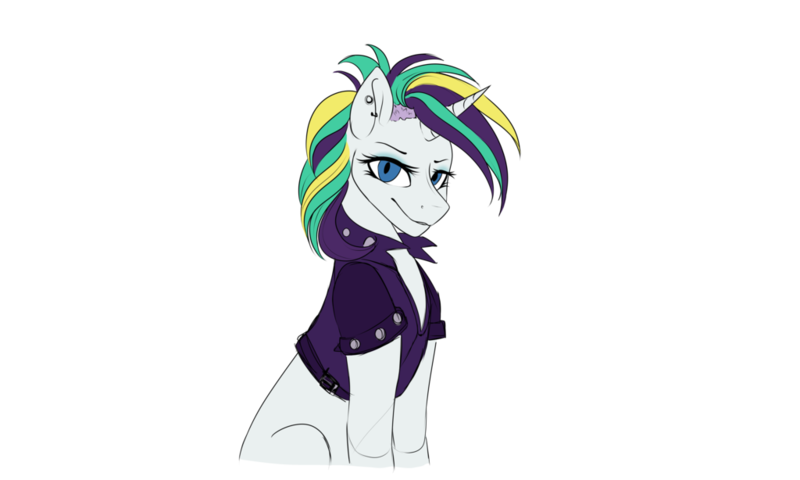 Size: 1024x614 | Tagged: safe, artist:albinnada, derpibooru import, rarity, pony, unicorn, alternate hairstyle, clothes, ear piercing, earring, female, jacket, jewelry, looking at you, mare, piercing, punk, raripunk, simple background, sitting, solo, transparent background