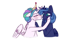Size: 1023x614 | Tagged: safe, artist:albinnada, derpibooru import, princess celestia, princess luna, alicorn, pony, alternate hairstyle, blushing, crown, duo, eyes closed, female, heart, jewelry, kissing, kissy face, mare, missing accessory, platonic kiss, regalia, s1 luna, siblings, simple background, sisterly love, sisters, smiling, tiara, transparent background