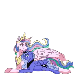 Size: 1024x1024 | Tagged: safe, artist:albinnada, derpibooru import, princess celestia, princess luna, alicorn, pony, alternate hair color, crying, cutie mark, duo, female, happy, jewelry, looking at each other, mare, regalia, royal sisters, s1 luna, simple background, transparent background