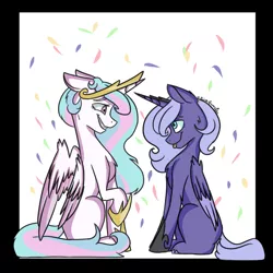 Size: 1024x1024 | Tagged: safe, artist:albinnada, derpibooru import, princess celestia, princess luna, alicorn, pony, :p, abstract background, chest fluff, colored wings, colored wingtips, confetti, crown, cute, cutelestia, duo, eye contact, female, floppy ears, fluffy, grin, jewelry, leg fluff, looking at each other, lunabetes, mare, messy mane, missing accessory, missing cutie mark, raised hoof, regalia, royal sisters, s1 luna, silly, simple background, sitting, smiling, spread wings, squee, tongue out, unshorn fetlocks, wavy mouth, white background, wing fluff, wings