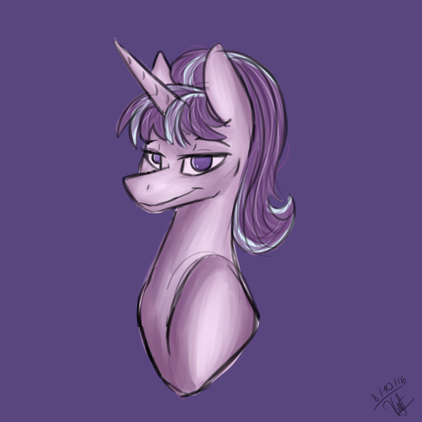 Size: 1024x1024 | Tagged: safe, artist:albinnada, derpibooru import, starlight glimmer, pony, unicorn, bust, female, lidded eyes, looking at you, mare, simple background, smiling, solo