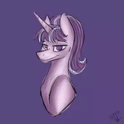 Size: 1024x1024 | Tagged: safe, artist:albinnada, derpibooru import, starlight glimmer, pony, unicorn, bust, female, lidded eyes, looking at you, mare, simple background, smiling, solo