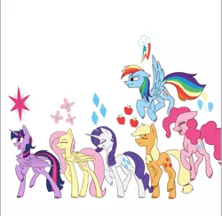 Size: 521x507 | Tagged: safe, artist:albinnada, derpibooru import, applejack, fluttershy, pinkie pie, rainbow dash, rarity, twilight sparkle, twilight sparkle (alicorn), alicorn, earth pony, pegasus, pony, unicorn, cutie mark, eyes closed, female, flying, mane six, mare, simple background, smiling, walking, white background