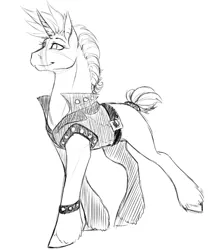 Size: 616x716 | Tagged: safe, artist:the-coffee-cobra, derpibooru import, rarity, pony, unicorn, alternate hairstyle, bracelet, clothes, female, grayscale, jacket, jewelry, mare, missing cutie mark, monochrome, punk, raripunk, simple background, sketch, smiling, solo, spiked wristband, studded bracelet, walking, white background, wristband