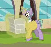 Size: 181x167 | Tagged: safe, derpibooru import, screencap, unnamed pony, pony, unicorn, the parent map, background pony, cropped, glowing horn, levitation, magic, magic aura, male, newspaper, stallion, telekinesis