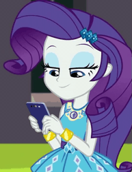Size: 555x720 | Tagged: safe, derpibooru import, screencap, rarity, equestria girls, equestria girls series, text support, text support: rarity, animated, bracelet, cropped, female, geode of shielding, gif, jewelry, magical geodes, mobile phone, nodding, phone, smartphone, solo