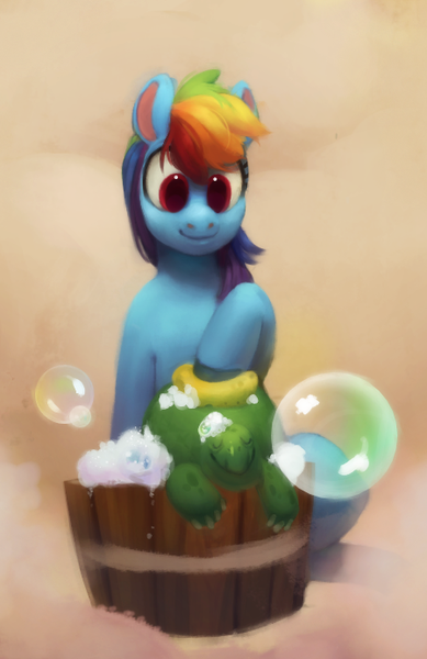 Size: 449x692 | Tagged: safe, artist:parchnposies-mod, artist:thepaintedbean, derpibooru import, rainbow dash, tank, pegasus, pony, tortoise, abstract background, bath, bubble, bubble bath, cute, duo, eyes closed, female, male, mare, sitting, smiling, sponge