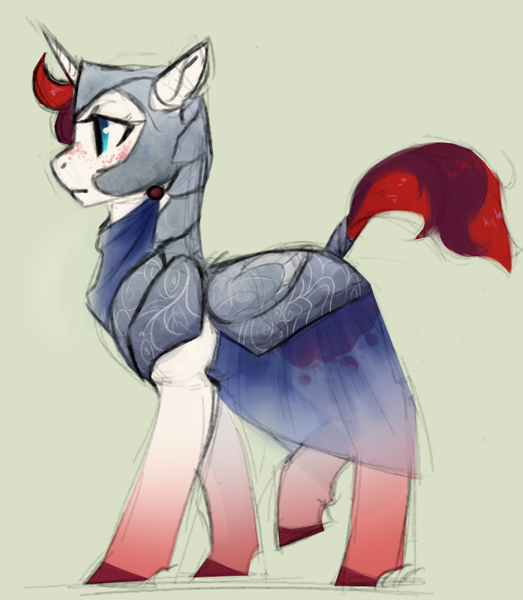 Size: 651x747 | Tagged: safe, artist:parchnposies-mod, artist:thepaintedbean, derpibooru import, oc, unofficial characters only, pony, unicorn, armor, female, freckles, helmet, mare, simple background, solo, walking