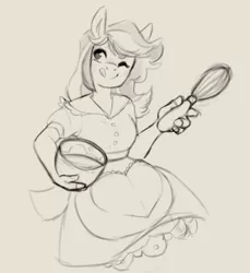 Size: 500x547 | Tagged: safe, artist:parchnposies-mod, artist:thepaintedbean, derpibooru import, oc, unofficial characters only, anthro, apron, bowl, clothes, egg beater, female, gray background, grayscale, licking, licking lips, monochrome, simple background, sketch, solo, tongue out