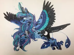 Size: 1280x963 | Tagged: artist:nightmare-moons-throneroom, dappled, derpibooru import, glowing eyes, glowing horn, jewelry, peacock feathers, princess luna, redesign, regalia, safe, simple background, solo, spread wings, traditional art, white background, wings