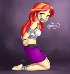 Size: 1500x1600 | Tagged: suggestive, artist:lleyx, derpibooru import, sunset shimmer, equestria girls, arm behind back, barefoot, blushing, bondage, bra, breasts, clothes, duct tape, feet, female, femsub, gag, kidnapped, kneeling, looking at you, muffled moaning, solo, solo female, submissive, tape, tape bondage, tape gag, underwear, white underwear