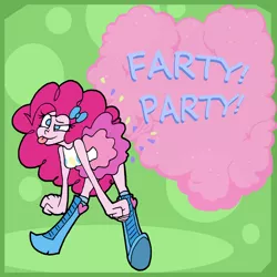 Size: 2400x2400 | Tagged: safe, artist:da-fuze, derpibooru import, pinkie pie, equestria girls, equestria girls series, boots, bowtie, clothes, confetti, cross-eyed, fart, farting confetti, shoes, simple background, skirt, solo, tongue out