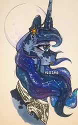 Size: 580x928 | Tagged: safe, artist:nightmare-moons-throneroom, derpibooru import, princess luna, pony, constellation, dappled, ear piercing, earring, ethereal mane, female, jewelry, mare, moon, piercing, profile, regalia, sidemouth, simple background, solo, starry mane, traditional art, white background