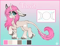 Size: 2988x2328 | Tagged: safe, artist:meggchan, derpibooru import, oc, oc:tarot, unofficial characters only, classical unicorn, pony, unicorn, blue eyes, chest fluff, cloven hooves, curved horn, ear piercing, female, floppy ears, fluffy, freckles, leonine tail, long mane, long tail, looking at you, mare, palomino, piercing, pink mane, reference sheet, smiling, solo, underhoof, unshorn fetlocks
