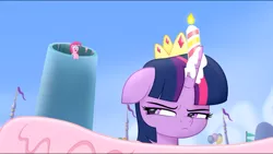 Size: 960x540 | Tagged: safe, derpibooru import, screencap, pinkie pie, twilight sparkle, twilight sparkle (alicorn), alicorn, pony, my little pony: the movie, annoyed, cropped, duo, narrowed eyes, sideways glance, twilight is not amused, unamused