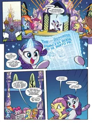 Size: 768x1024 | Tagged: safe, artist:tonyfleecs, derpibooru import, idw, applejack, fluttershy, pinkie pie, rainbow dash, rarity, twilight sparkle, twilight sparkle (alicorn), alicorn, earth pony, pegasus, pony, unicorn, spoiler:comic, spoiler:comic66, comic, female, friendship journal, magic, magic aura, mare, newspaper, official comic, preview, speech bubble, telekinesis, twilight's castle