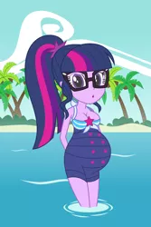 Size: 1280x1920 | Tagged: suggestive, artist:myfavoritepreggopics, derpibooru import, sci-twi, twilight sparkle, equestria girls, beach, belly, big belly, breasts, busty twilight sparkle, cleavage, clothes, female, glasses, looking at you, ocean, open mouth, palm tree, ponytail, preglight sparkle, pregnant, sand, solo, solo female, standing in water, swimsuit, tree