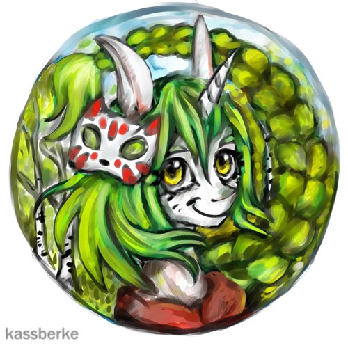 Size: 500x500 | Tagged: safe, artist:kassberke, derpibooru import, oc, unofficial characters only, unicorn, braid, green mane, long ears, mask, nature, solo, yellow eyes