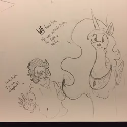 Size: 1280x1280 | Tagged: safe, artist:greyscaleart, derpibooru import, princess celestia, oc, oc:human grey, human, pony, ask, dialogue, monochrome, sketch, traditional art, tumblr