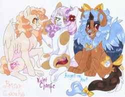 Size: 3110x2419 | Tagged: safe, artist:frozensoulpony, derpibooru import, oc, oc:brina cupcake, oc:forget-me-knot, oc:violet chante, unofficial characters only, earth pony, manticore, pegasus, pony, adopted offspring, bow, female, hair bow, high res, offspring, parent:apple bloom, parent:featherweight, parent:pipsqueak, parent:scootaloo, parent:sweetie belle, parent:twist, parents:featherbloom, parents:sweetiesqueak, parents:twistaloo, tail bow, traditional art