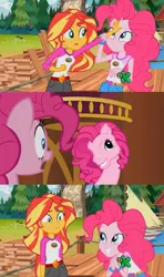Size: 1366x2304 | Tagged: safe, derpibooru import, edit, edited screencap, screencap, pinkie pie, sunset shimmer, equestria girls, legend of everfree, too many pinkie pies, clone, comic, discovery kids, g3, g3 faic, g4 to g3, generation leap, pinkie clone, screencap comic, sunset sees things