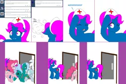 Size: 2412x1604 | Tagged: safe, artist:dekomaru, derpibooru import, pinkie pie, oc, oc:hazel lulamoon, oc:iniduoh, oc:nurse blue, earth pony, pony, unicorn, tumblr:ask twixie, ask, comic, derp, tumblr