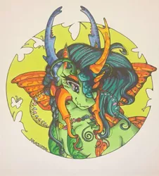 Size: 1159x1280 | Tagged: abstract background, artist:nightmare-moons-throneroom, changedling, changeling, derpibooru import, female, flower necklace, horns, looking down, mandibles, purified chrysalis, queen chrysalis, reformed, safe, smiling, solo, traditional art