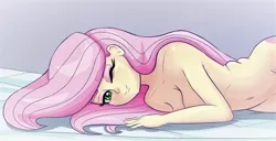 Size: 1024x524 | Tagged: adorasexy, artist:nin10ja, bedroom eyes, belly button, breasts, cleavage, cute, cutie mark on human, derpibooru import, female, fluttershy, fluttershy sleeps naked, human, looking at you, nudity, sexy, sleepy, solo, suggestive