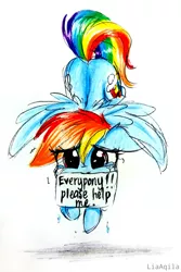 Size: 1959x2938 | Tagged: safe, artist:liaaqila, derpibooru import, rainbow dash, crying, cute, dashabetes, feels, looking at you, sad, simple background, solo, spread wings, traditional art, white background, wings